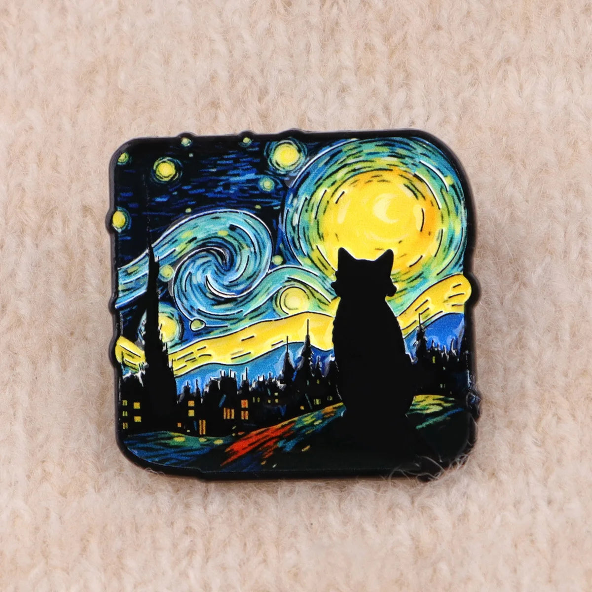 Starry Night Cat Silhouette Brooch - Van Gogh Style Art Enamel Pin Badge Fashion Jewelry Gifts