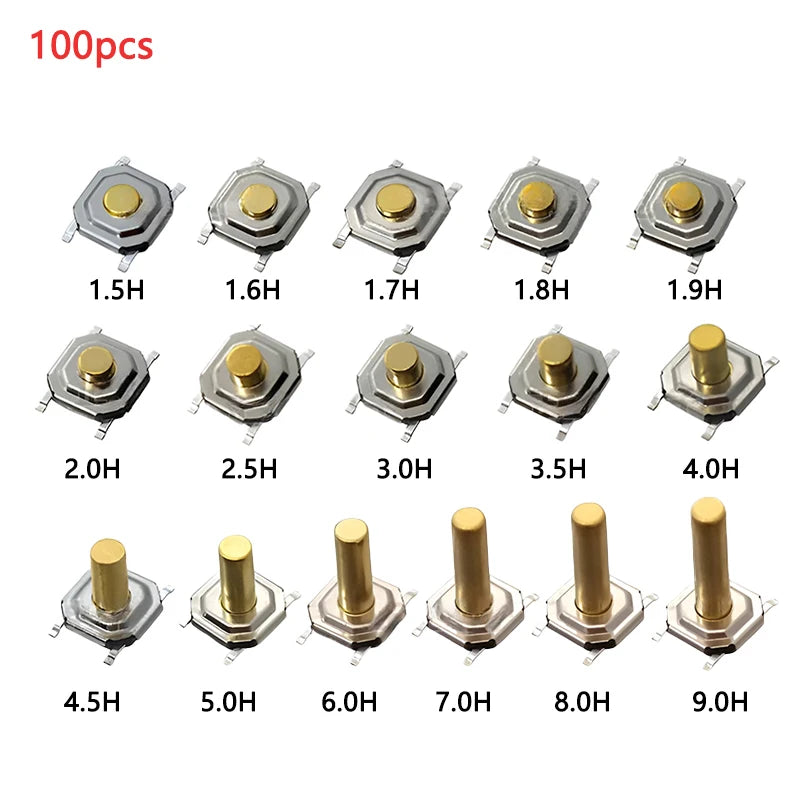 100pcs Tactile Switches 5.2x5.2 Smd Push Button 4*4*1.5mm/1.6/1.7/1.8/1.9/2/2.5/3/3.5/4/4.5/5/6/7/8/9 12V Copper Head Self-reset