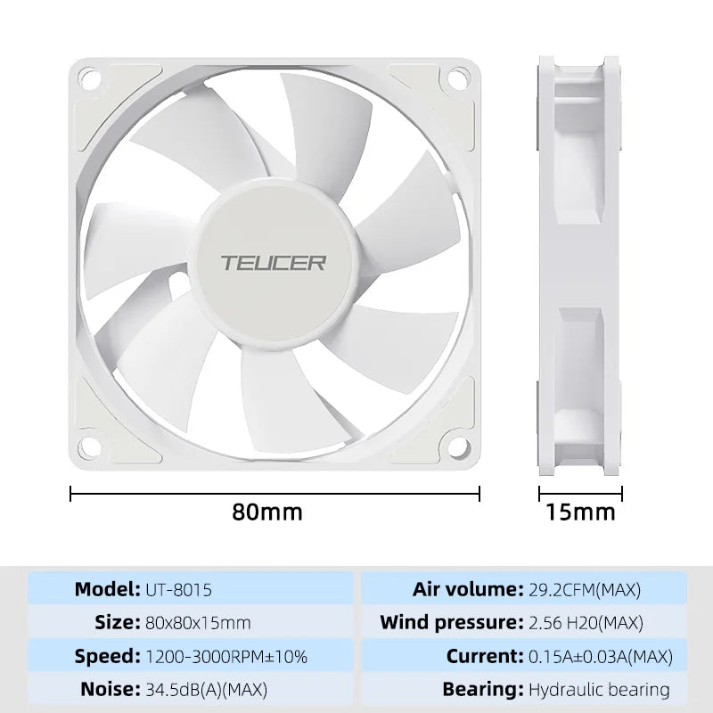 Teucer UT-8015 8CM Chassis Fan Slim 15mm Thinckness 12V/4Pin PWM Hydraulic Bearing 1200-3000rpm PC Case Cooling Ventilator