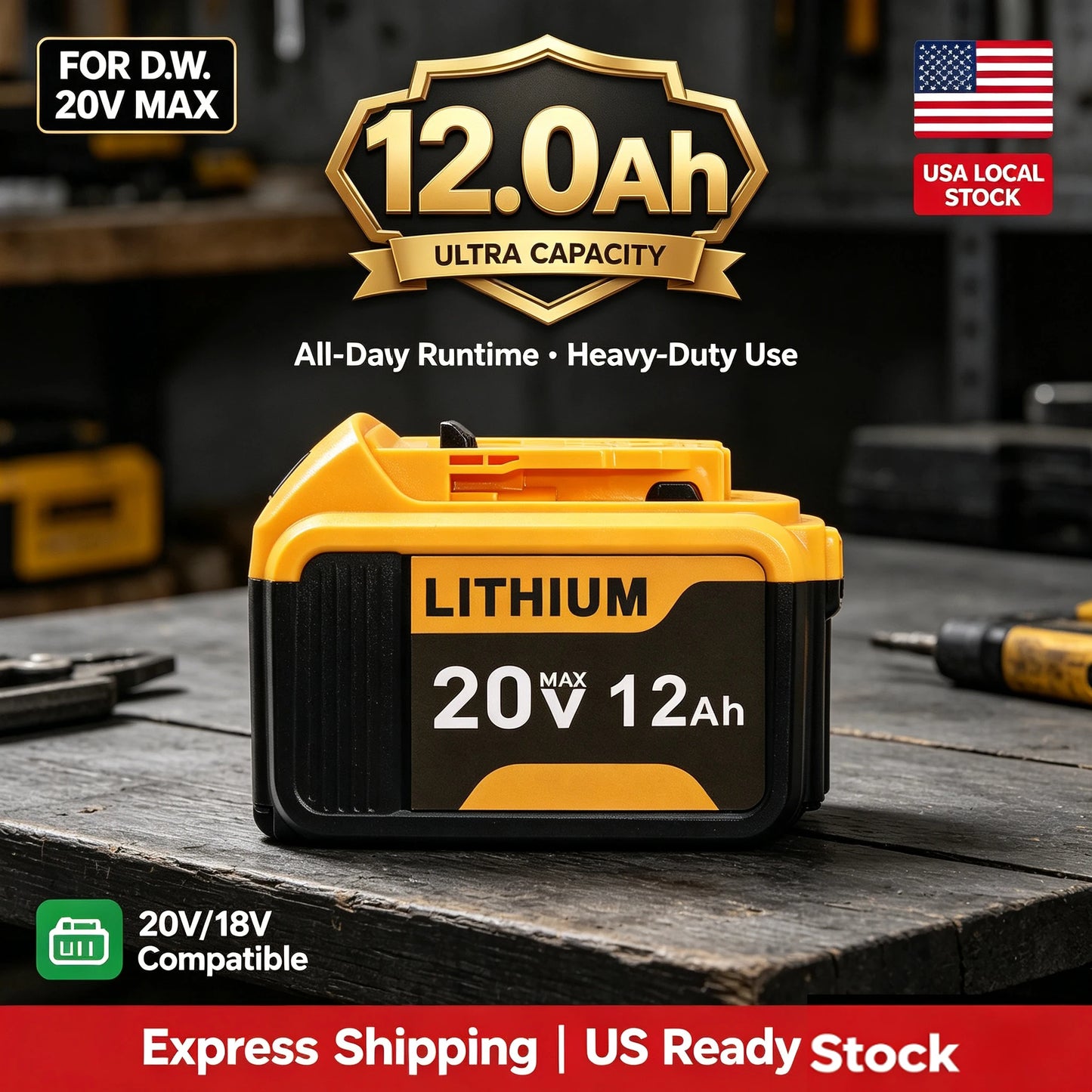 20V 12.0Ah Battery Replacement for Dewalt 20V MAX Lithium ion DCB200 DCB204 DCB205 DCB206 DCB612 Cordless Power Tool - 1/2/4 Pack Options