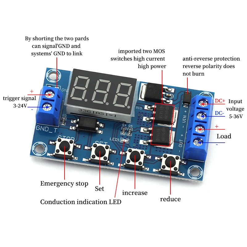 DC 5V ~ 36V Dual MOS LED Digital Time Delay Relay Trigger Cycle Timer Delay Switch Circuit Board Timing Control Module DIY