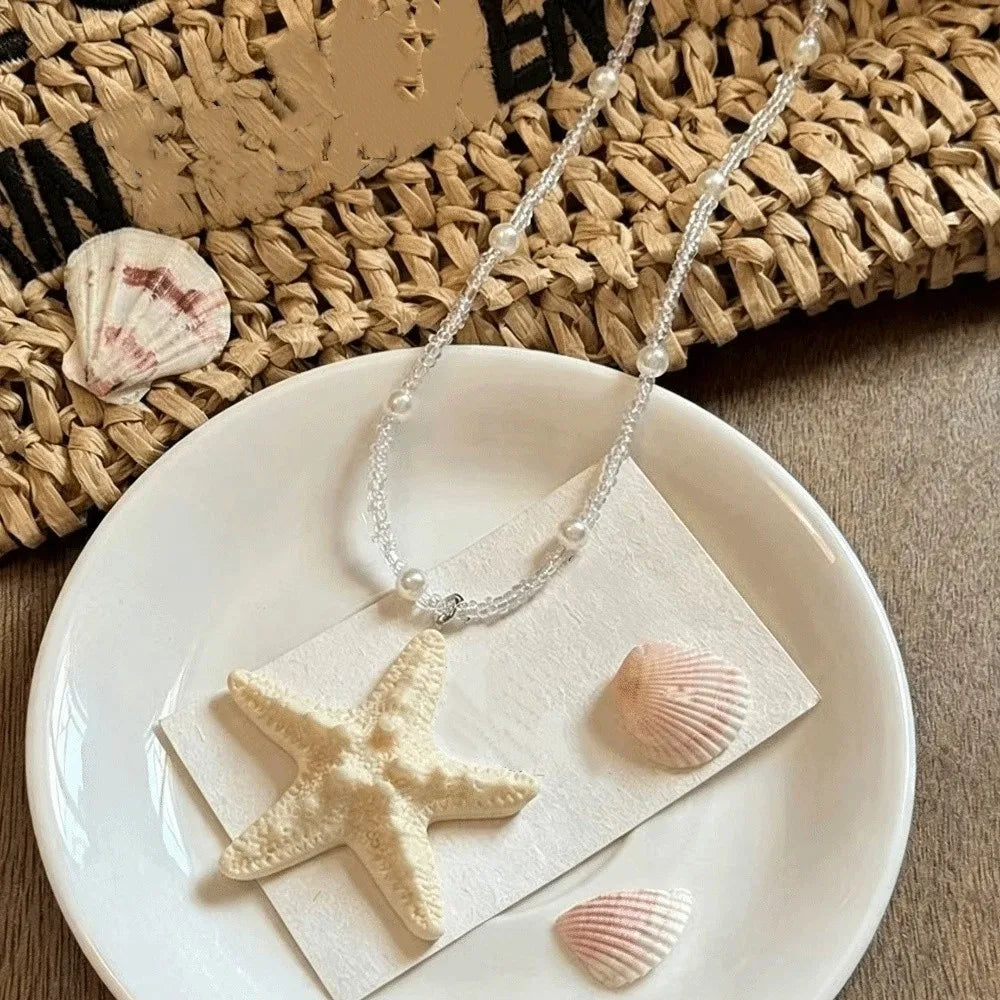 Cute Bohemian Starfish Necklace Beach Surfer Dopamine Bead Trendy Beach Necklace Splicing Colorful Summer Clavicle Chain Gift