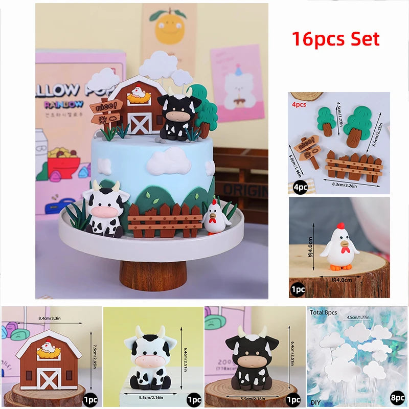 Farm Critters Cake Topper Yaks Ponies Sheep Piglets Chickens Farm Greenhouse Wooden House Boy Girl One Birthday Cake Decorations