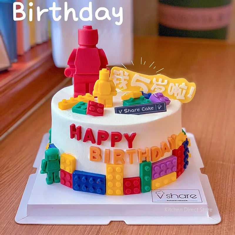 1/6PCS Block Silicone Mold Building Brick Robot Chocolate Jelly Ice Cube Tray Cake Decoration Cupcake Topper Kids Birthday Party