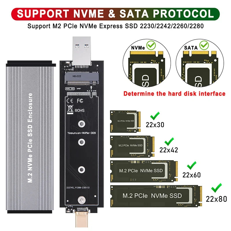 SAMGET M.2 SSD Case M.2 to USB 3.1 Gen 2 10Gbps Aluminum Case USBC USBA to NVMe PCIe External Enclosure for M2 NVMe SSD