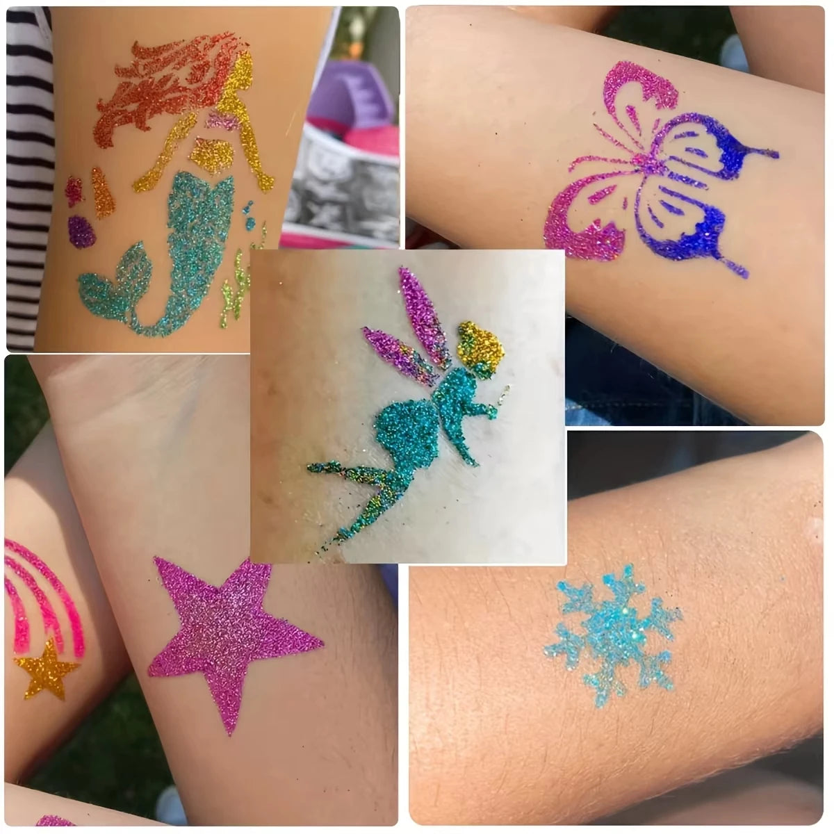 12 Colors of Glitter DIY Flash Tattoo,Includes Multiple Tattoo Templates Glue Brushes Set,DIY Glitter Cartoon Sticker Tattoo Set