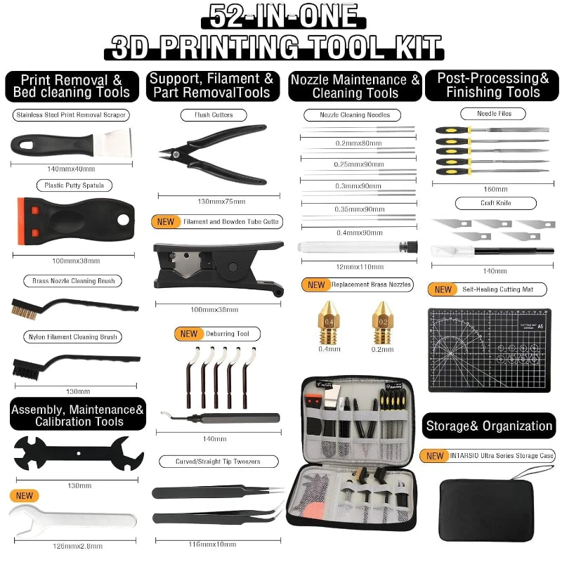 52pcs 3D Printer Tools Kit Deburring Nozzles Scrapers Files Set Tool 3D Printer Accessories Maintenance for FDM/SLA Printers