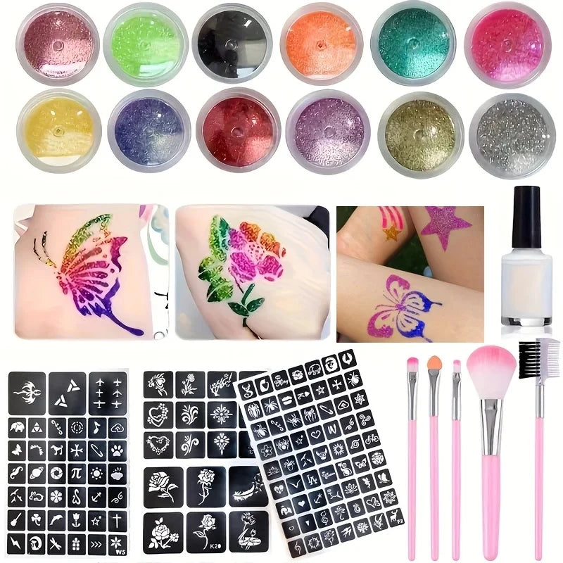 12 Colors of Glitter DIY Flash Tattoo,Includes Multiple Tattoo Templates Glue Brushes Set,DIY Glitter Cartoon Sticker Tattoo Set