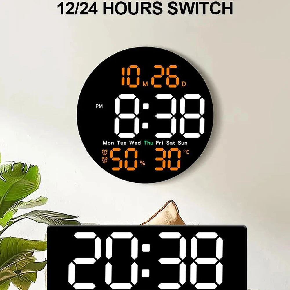 Digital LED Wall Clock with Dual Alarms,Calendar,Temperature and Humidity. Brightness Adjustable