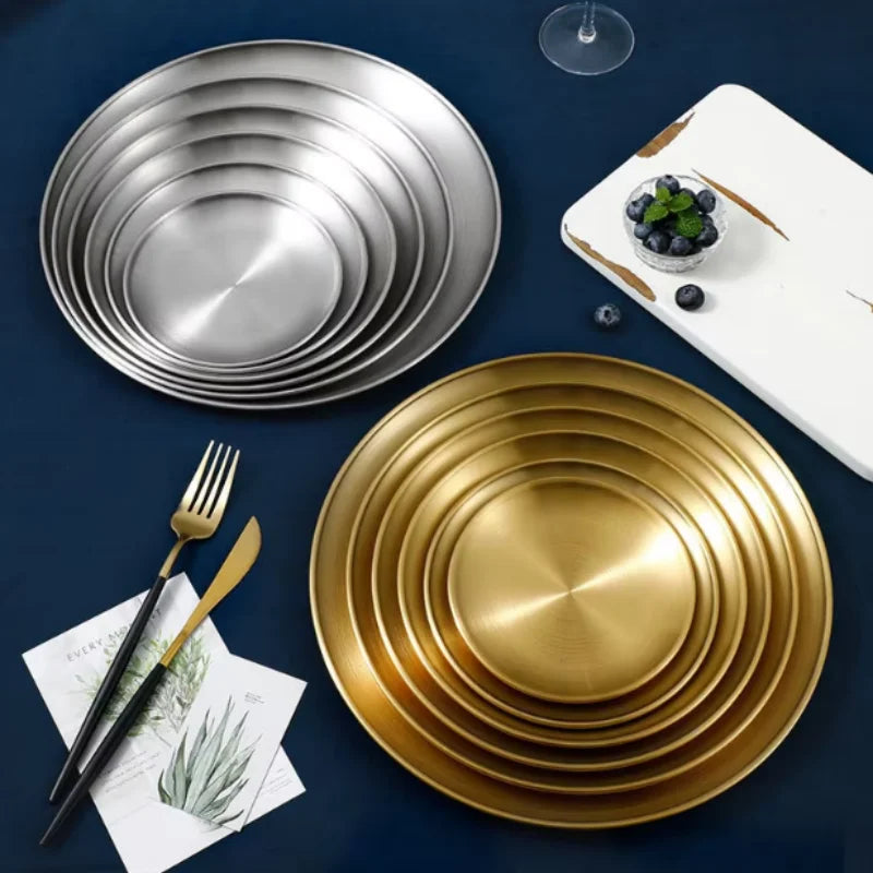 Thickened Stainless Steel Golden Round Fruit Plate Cake Plate Bone Tray BBQ Plate Flat Bottom Shallow Tray