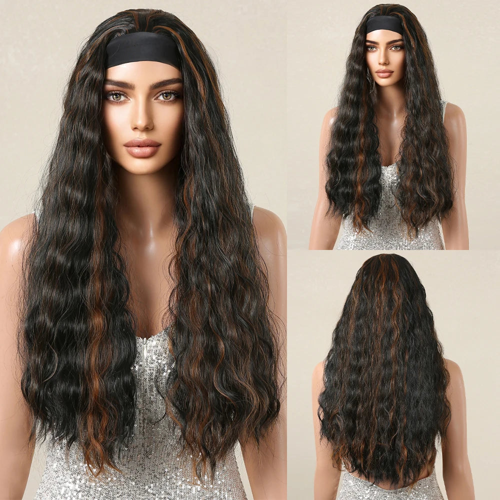 GEMMA Ash Brown Headband Synthetic Wigs Long Natural Wavy Headband Hair Wigs for Women Cosplay Daily Heat Resistant Fake Hair