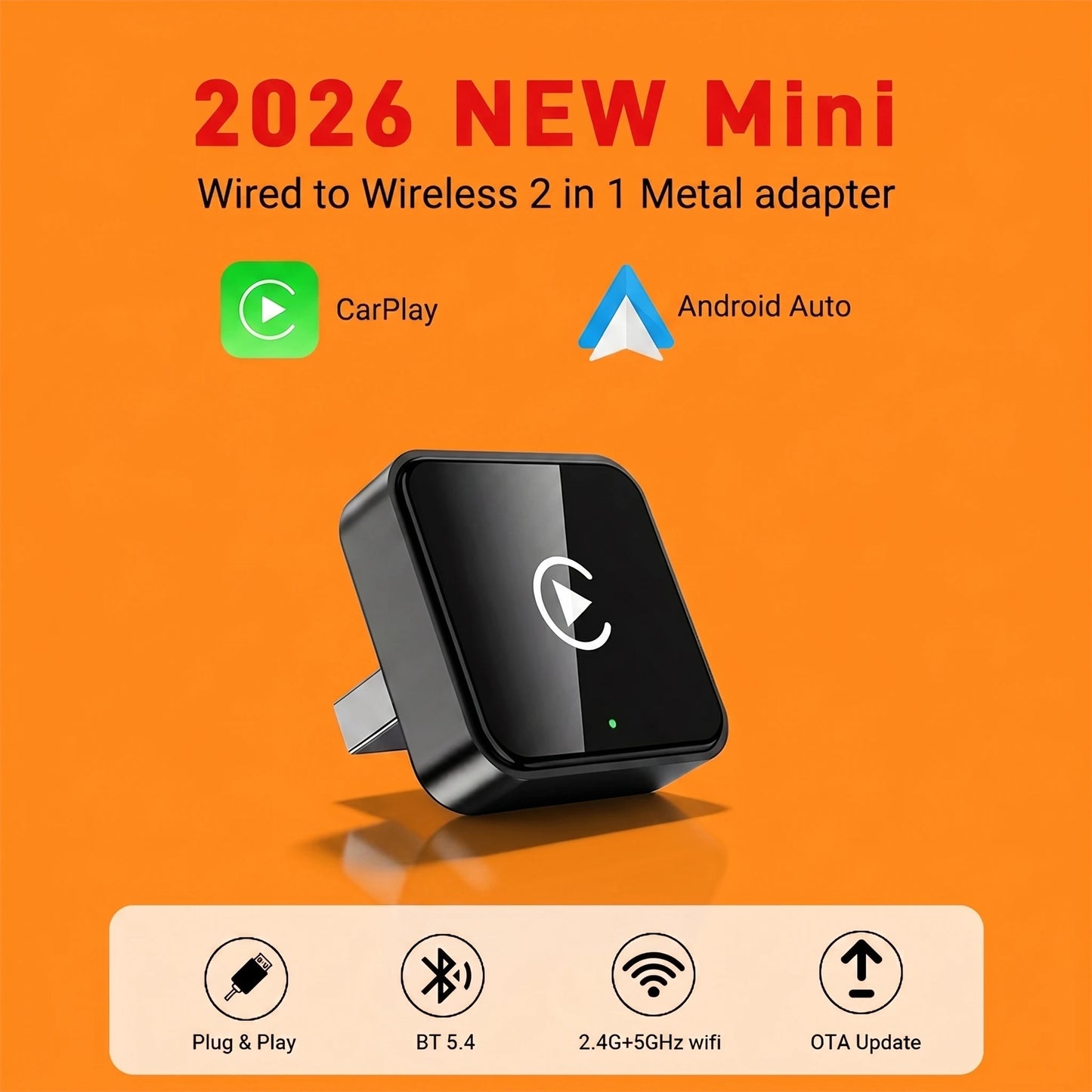 Mini 2 In 1 CarPlay Wireless Adapter, Universal Android Auto Dongle for Car Entertainment System, Portable Lightweight Durable M