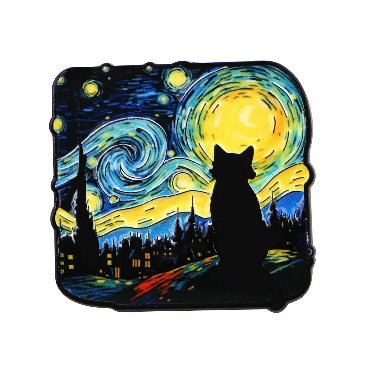 Starry Night Cat Silhouette Brooch - Van Gogh Style Art Enamel Pin Badge Fashion Jewelry Gifts