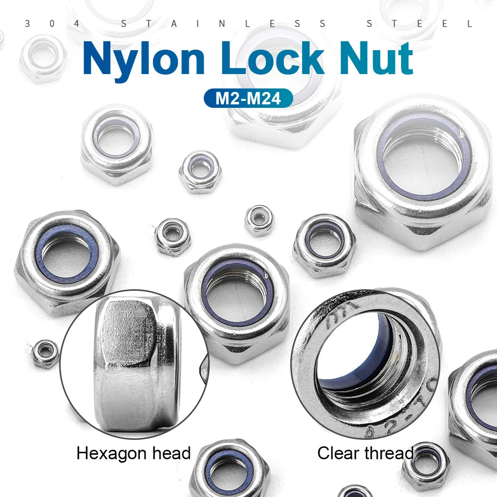 NINDEJIN Nylon Lock Nut Stainless Steel Hex Hexagon Locking Nut M2 M2.5 M3 M4 M5 M6 M8 M10 M12 M14 M16 M20 M24 Locknut DIN985