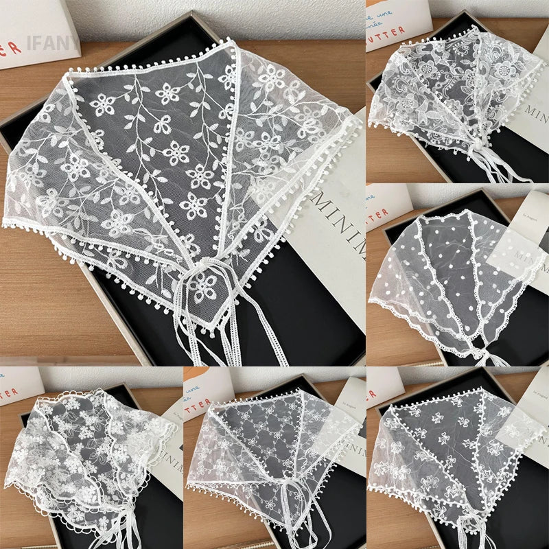 Women's Thin Style Lace Triangular Scarf Summer French Style Headscarf Headband Silk Scarf Retro Decoration Countryside Style