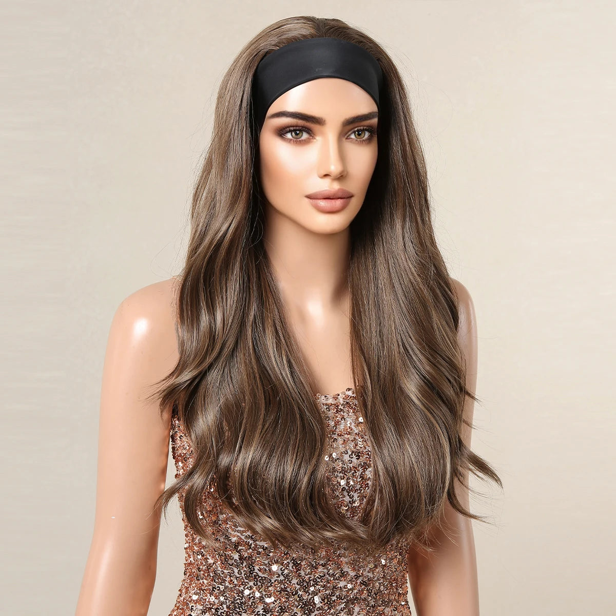GEMMA Ash Brown Headband Synthetic Wigs Long Natural Wavy Headband Hair Wigs for Women Cosplay Daily Heat Resistant Fake Hair