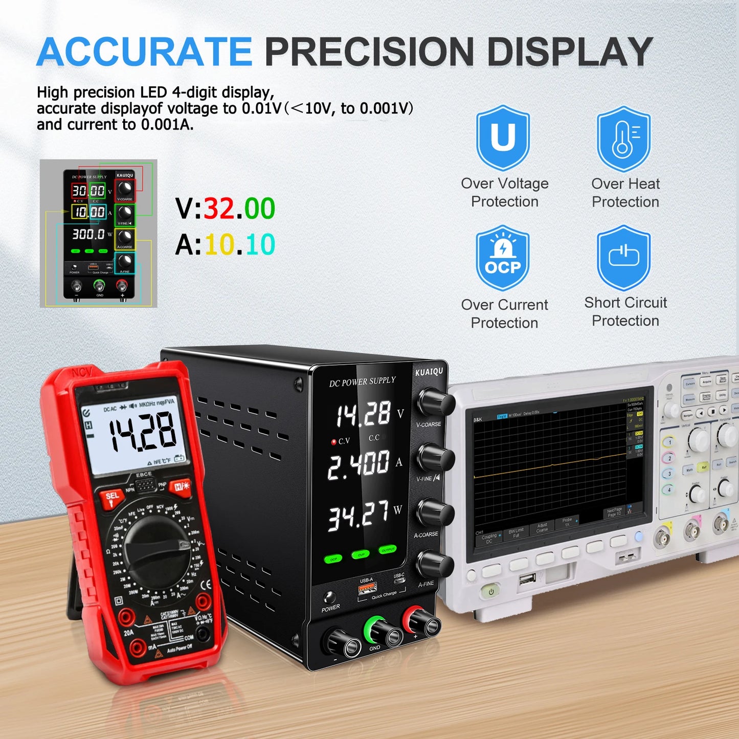 KUAIQU Official DC Power Supply Variable, 30V 60V 120V Adjustable Regulated Lab Power Supplies with OCP/OVP/Output/Encoder