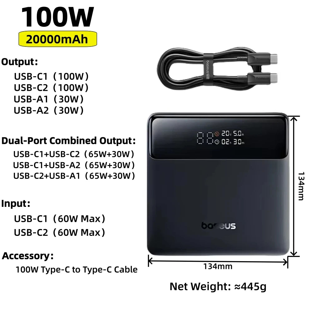 Baseus Power Bank 30000mAh 65W PD3.0 Quick Charging 3.0 FCP SCP Portable External for iPhone 16 15 14 Laptop Tablet Power Bank
