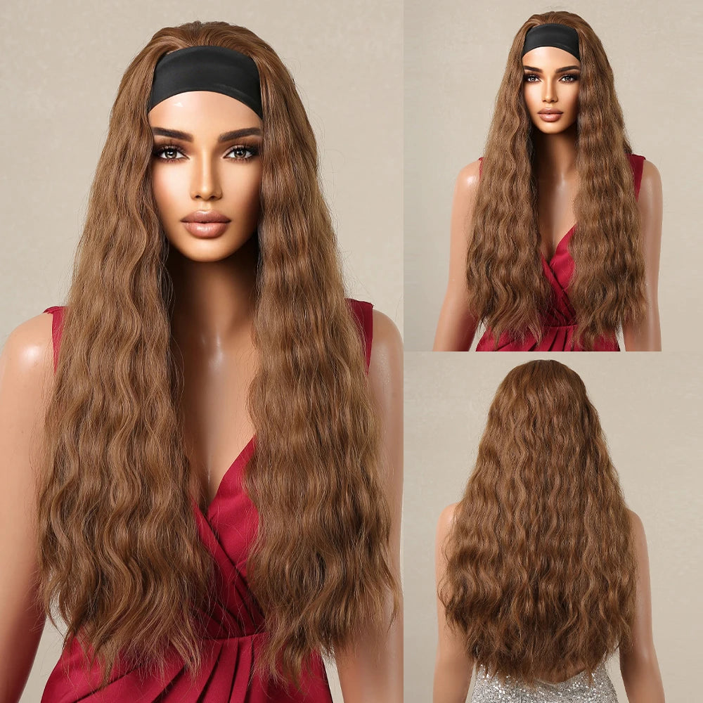 GEMMA Ash Brown Headband Synthetic Wigs Long Natural Wavy Headband Hair Wigs for Women Cosplay Daily Heat Resistant Fake Hair