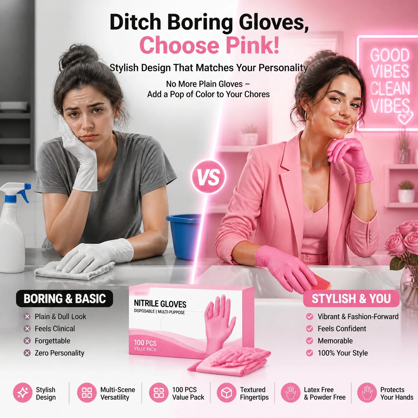 100Pcs Pink Nitrile Gloves - Slim Fit, Lightweight & Flexible, Multi-Scene Use (Kitchen, Nail Salon, Pet Care)
