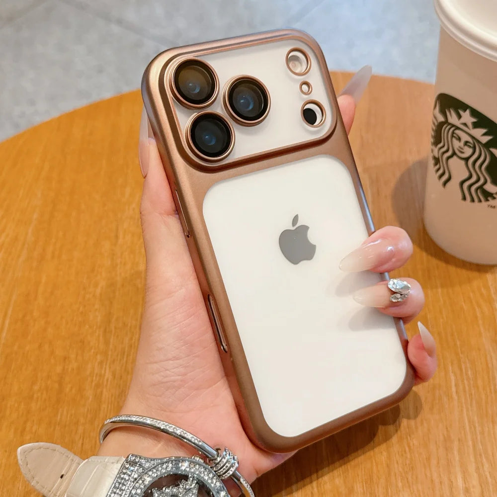 Electroplating Large Window Matte Case For iPhone 17 16 15 14 13 Pro Max Air Ultra Thin Transparent PC Hard Lens Film Cover