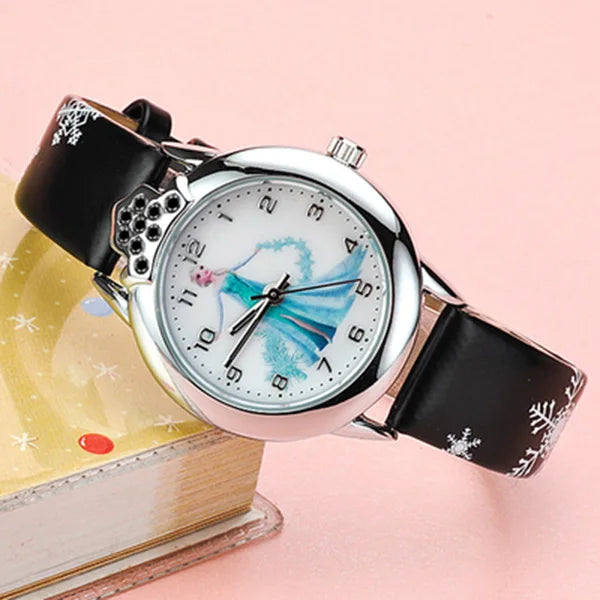 New Elsa Girls Watch for Kids Princess Leather Strap Cute Children's Watches Cartoon Quartz Wristwatches for Ladies Frozen Clock