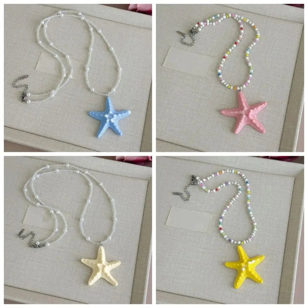 Cute Bohemian Starfish Necklace Beach Surfer Dopamine Bead Trendy Beach Necklace Splicing Colorful Summer Clavicle Chain Gift