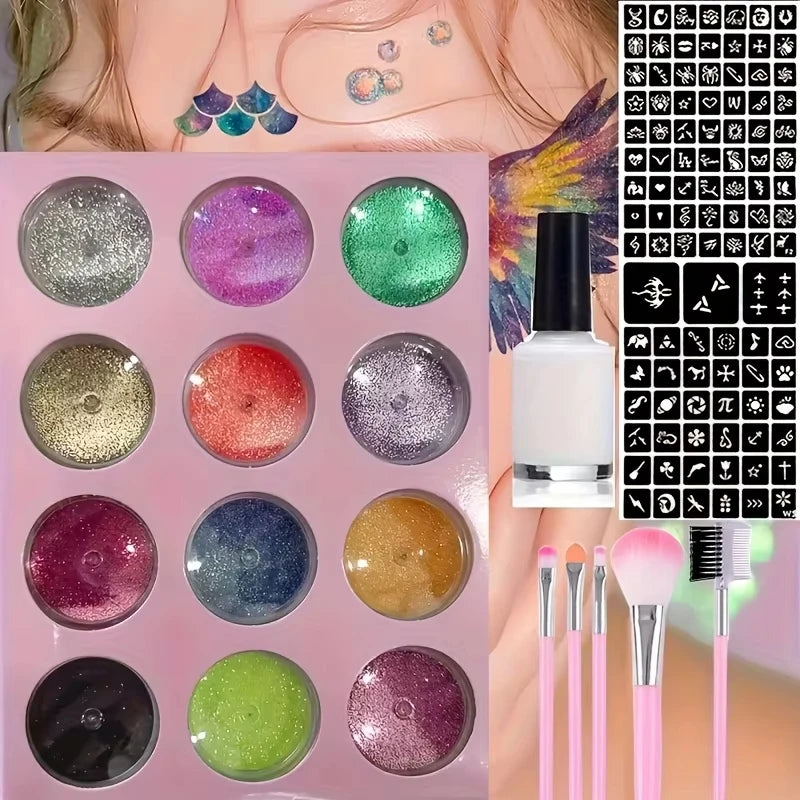 12 Colors of Glitter DIY Flash Tattoo,Includes Multiple Tattoo Templates Glue Brushes Set,DIY Glitter Cartoon Sticker Tattoo Set