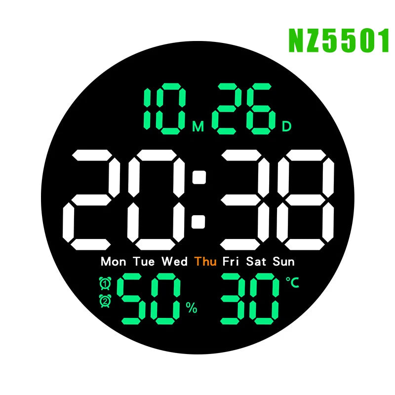 Digital LED Wall Clock with Dual Alarms,Calendar,Temperature and Humidity. Brightness Adjustable
