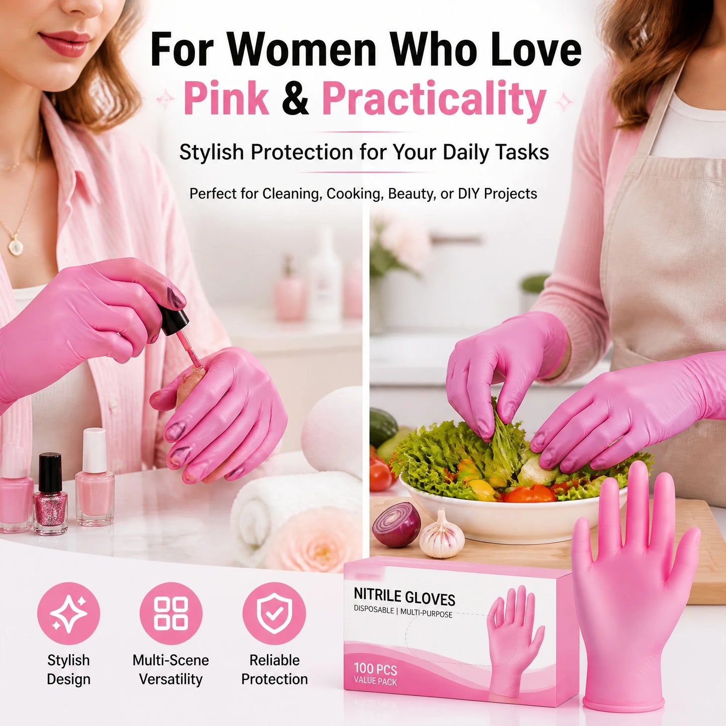 100Pcs Pink Nitrile Gloves - Slim Fit, Lightweight & Flexible, Multi-Scene Use (Kitchen, Nail Salon, Pet Care)