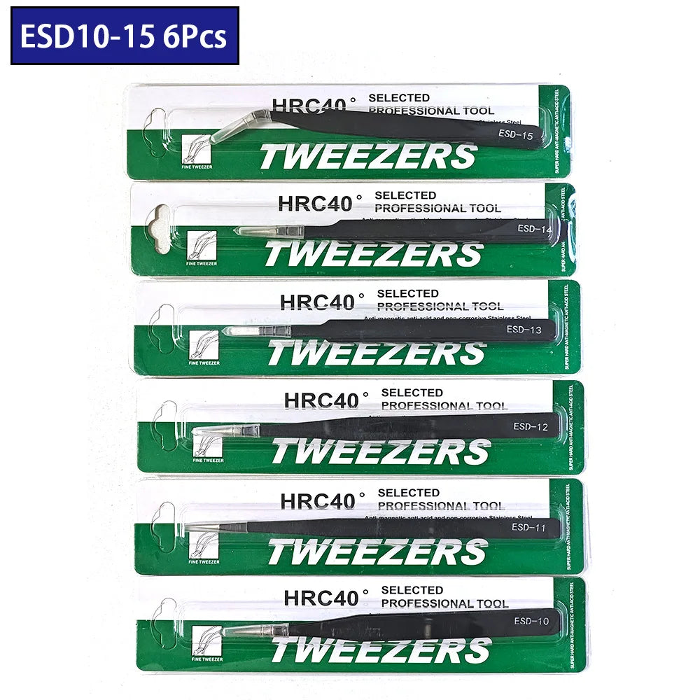ESD Stainless Steel Tweezers 6Pcs Set Precision Maintenance Industrial Repair Curved Tool Home Working Model Making Hand Tool