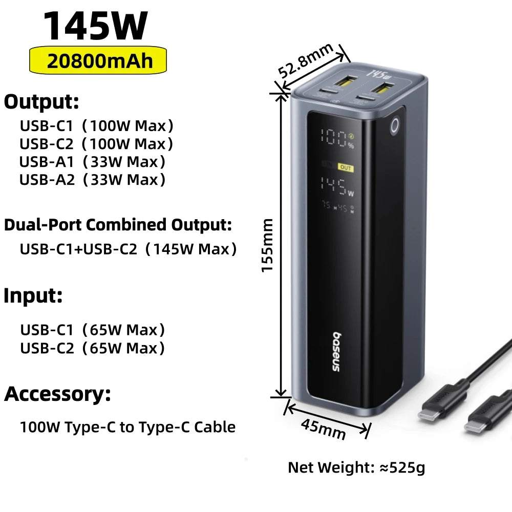 Baseus Power Bank 30000mAh 65W PD3.0 Quick Charging 3.0 FCP SCP Portable External for iPhone 16 15 14 Laptop Tablet Power Bank