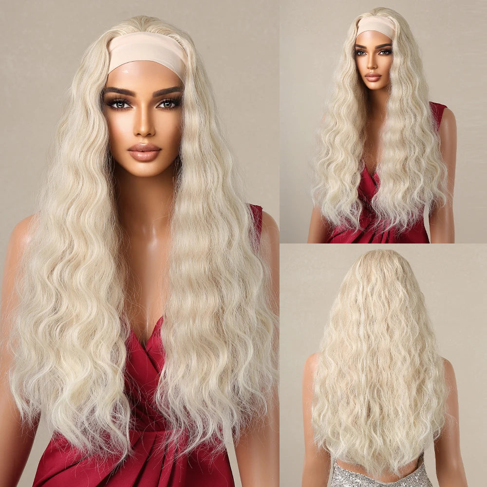 GEMMA Ash Brown Headband Synthetic Wigs Long Natural Wavy Headband Hair Wigs for Women Cosplay Daily Heat Resistant Fake Hair