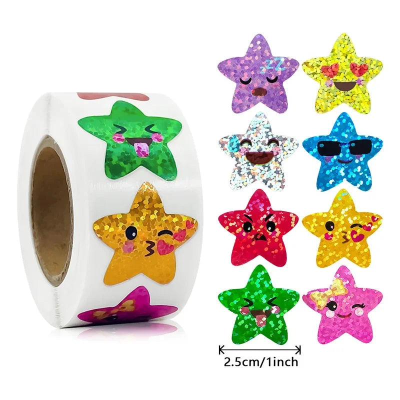 500/1000PCs Colorful Star Adhesive Stickers Kawaii Animal Scrapbook Reward Sticker Roll Labels for Kids Gift DIY Art Supplies