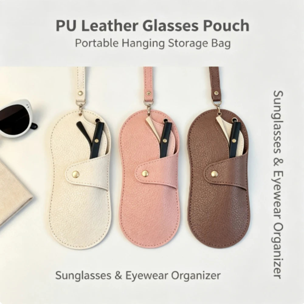 PU Leather Glasses Bag Portable Eyewear Storage Pouch Hanging Neck Sunglasses Case with Keychain for Women Men Travel