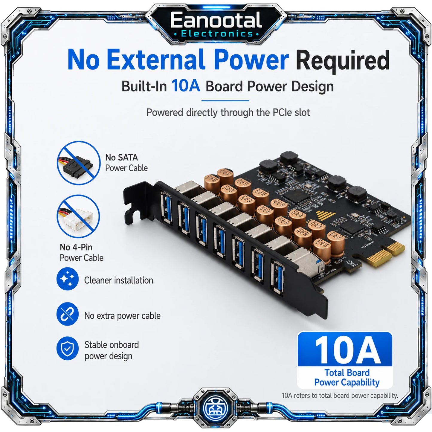 PCIe X1 7 Port USB 3.0 Card, High Speed USB-A Expansion Adapter No External Power Cable Required