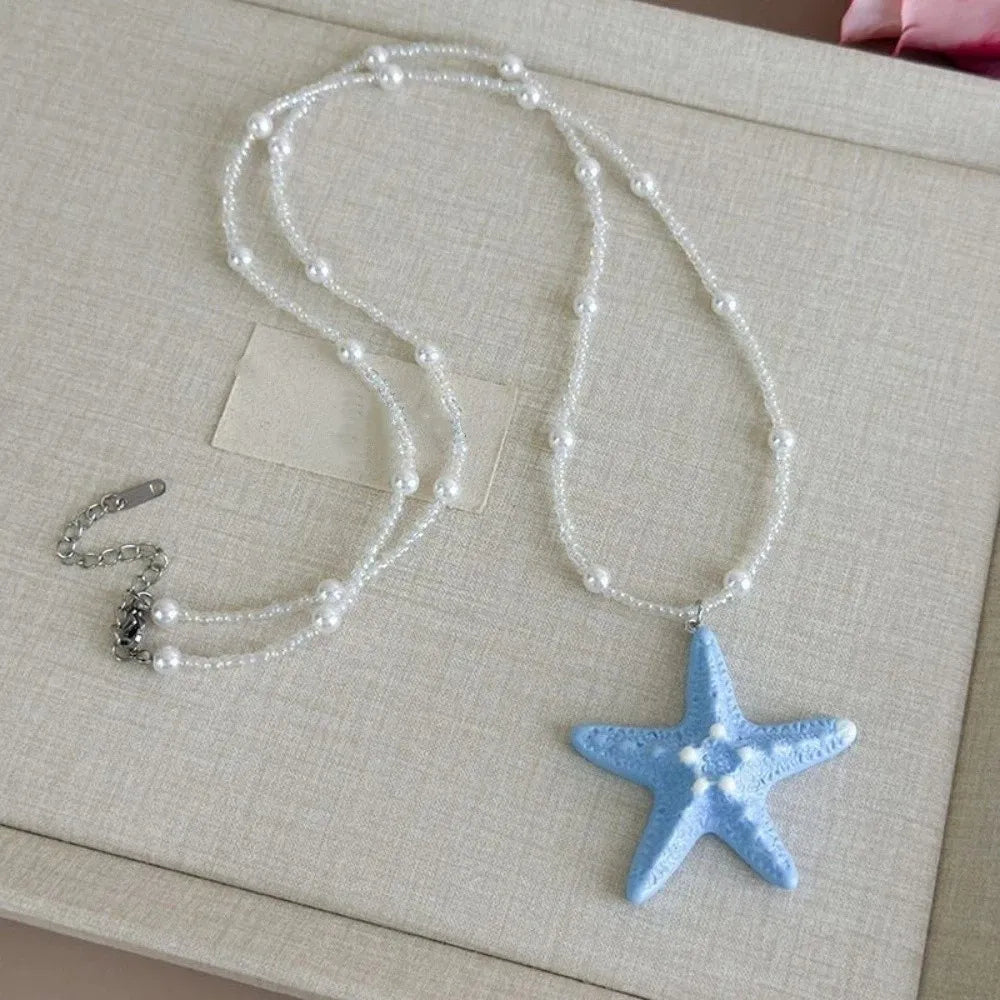 Cute Bohemian Starfish Necklace Beach Surfer Dopamine Bead Trendy Beach Necklace Splicing Colorful Summer Clavicle Chain Gift