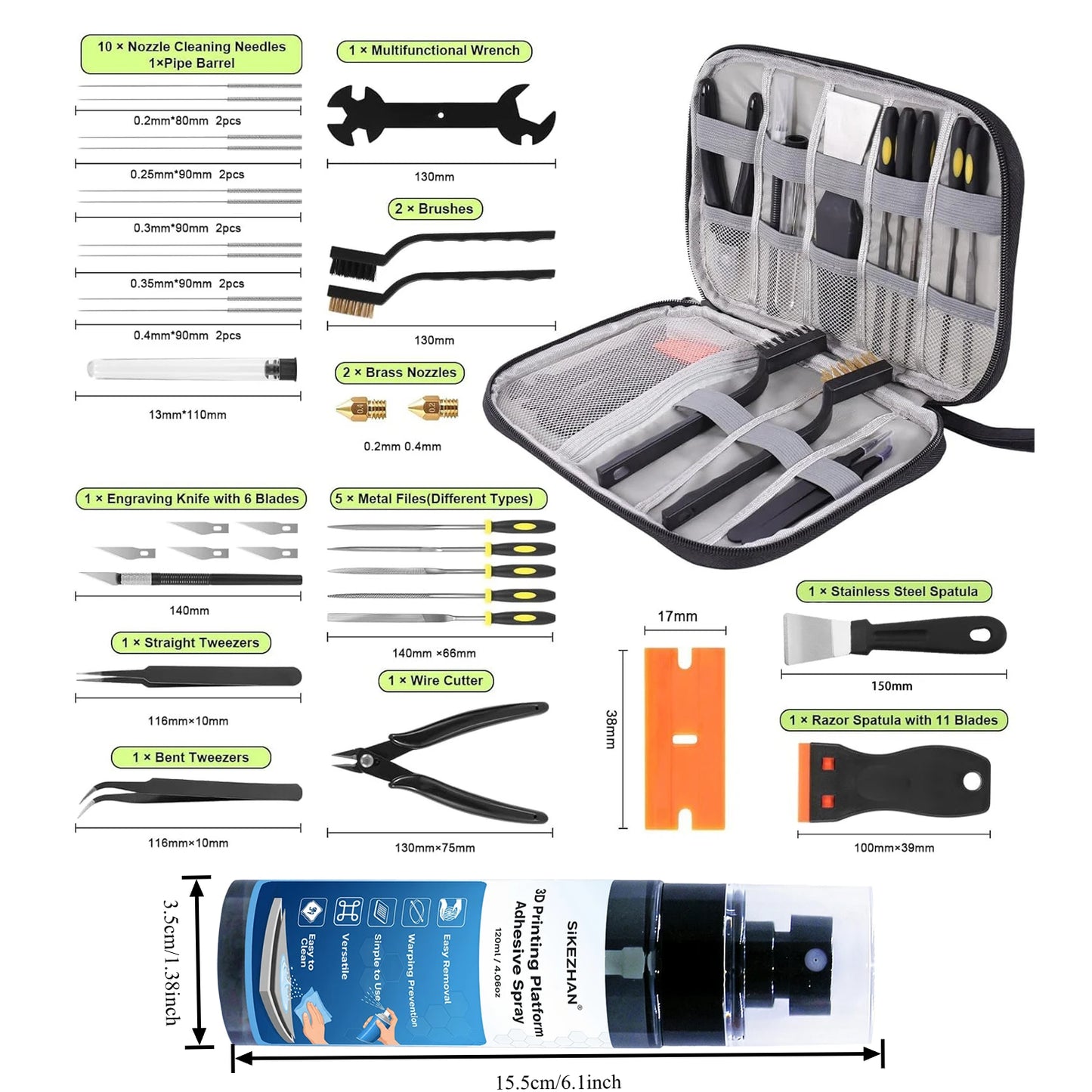 40Pcs 3D Printer Tool Kit & Bed Glue Spray: FDM/SLA Cleaning Finishing + Anti-Warp Adhesive for PLA ABS PETG TPU, No Residue