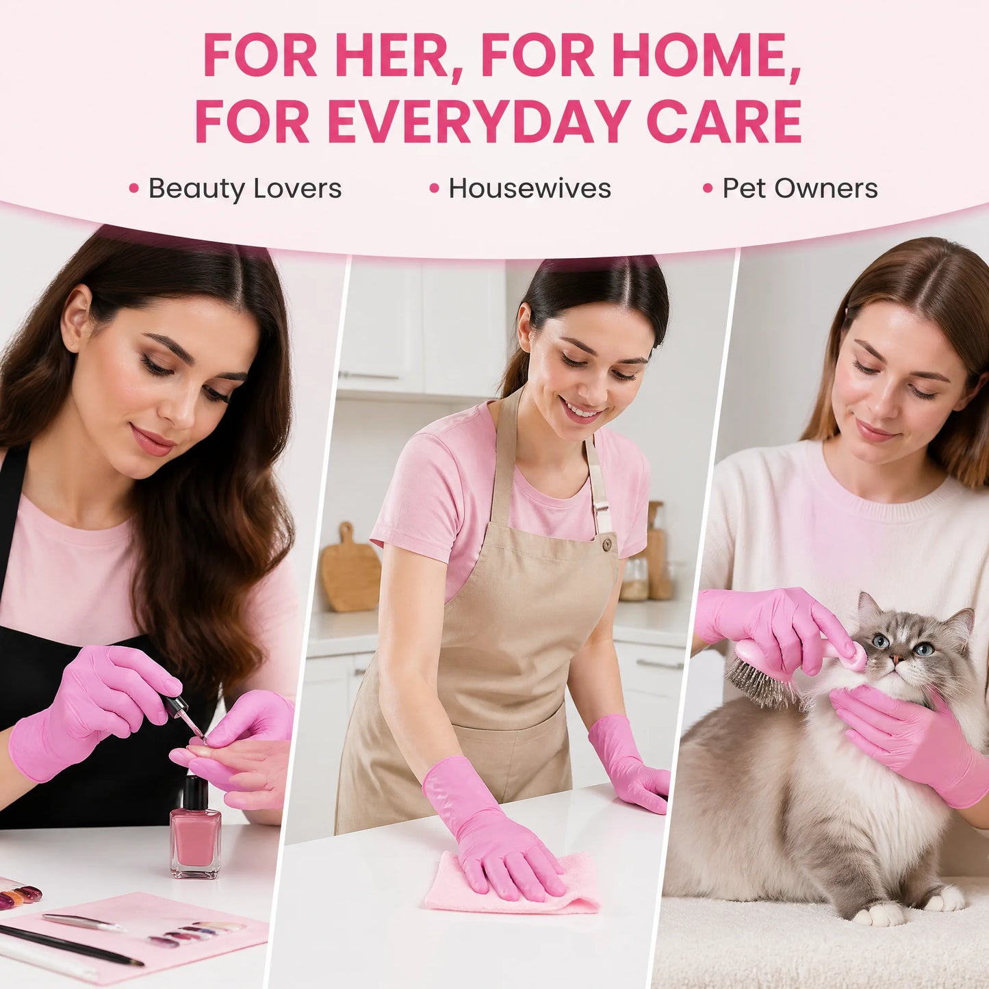 100Pcs Pink Nitrile Gloves - Slim Fit, Lightweight & Flexible, Multi-Scene Use (Kitchen, Nail Salon, Pet Care)