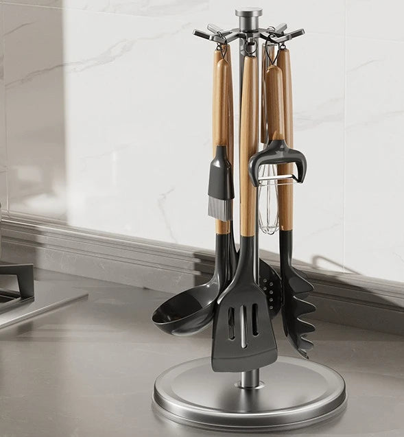 Kitchen Utensil Stand: Rotating Storage Hanger with 8 Hooks,for Countertop Organization Rotatable Cooking Utensils Holder