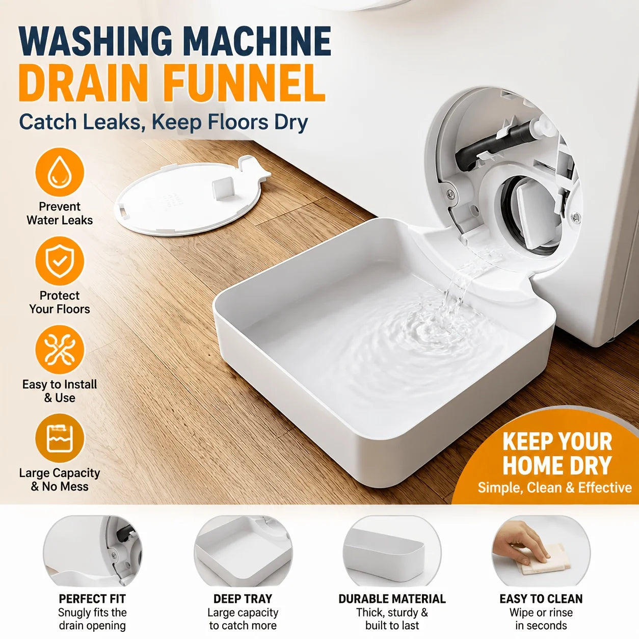 Washing Machine Drainage Tray 3D Printing Drain Funnel Drip Tray for Cleaning Lint Filters Water Catch Tray Stops Floor Spills
