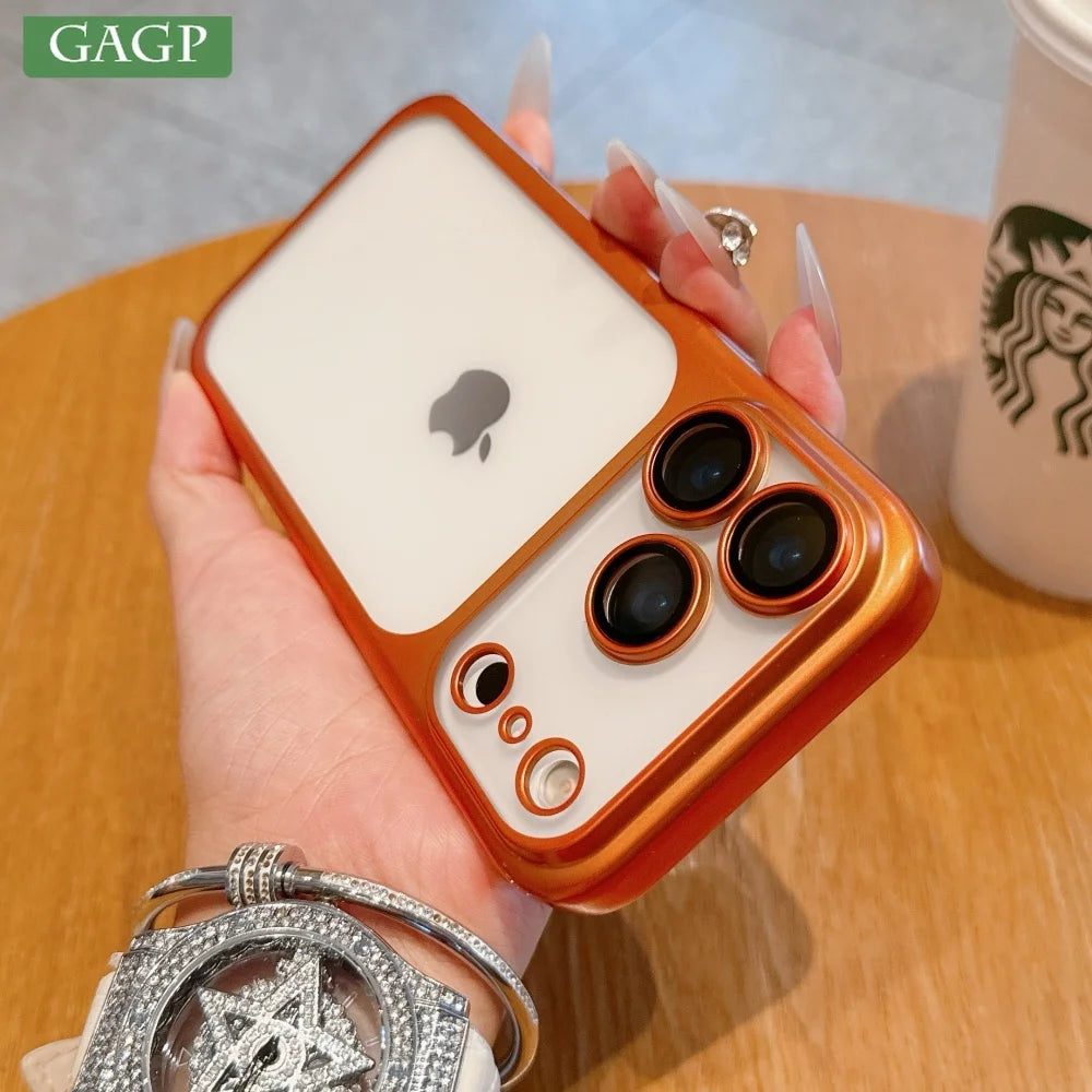 Electroplating Large Window Matte Case For iPhone 17 16 15 14 13 Pro Max Air Ultra Thin Transparent PC Hard Lens Film Cover