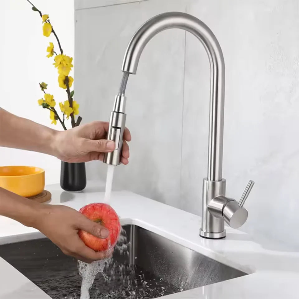 Stainless Steel Kitchen Faucet Single Hole Pull Out Spray 360° Swivel Sink Faucet High Arc Modern Design
