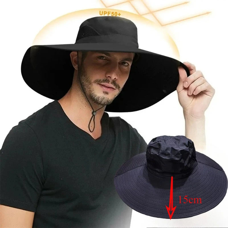 Men Women Wide Visor Brim Hat Boonie Bucket Cap Summer Fishing UV Sun Protection Breathable Caps 15CM Large Brim