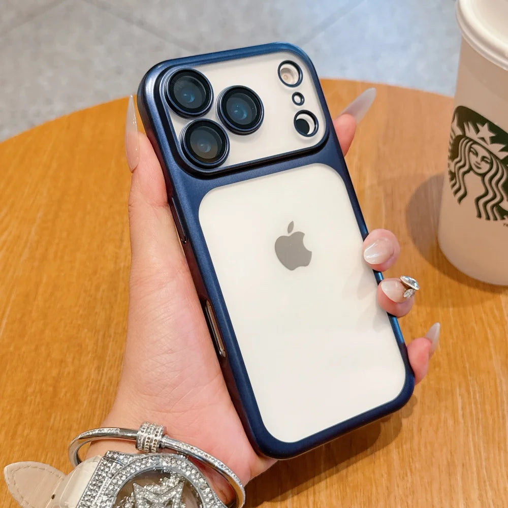 Electroplating Large Window Matte Case For iPhone 17 16 15 14 13 Pro Max Air Ultra Thin Transparent PC Hard Lens Film Cover