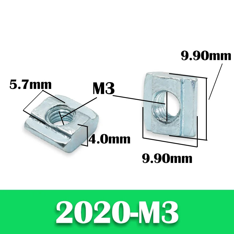 200p/set 2020 M3 M4 M5 T Slide Nut Galvanized T-Slot Sliding Nut in Connection 20 Series Aluminum Extrusion Profile Square Nut