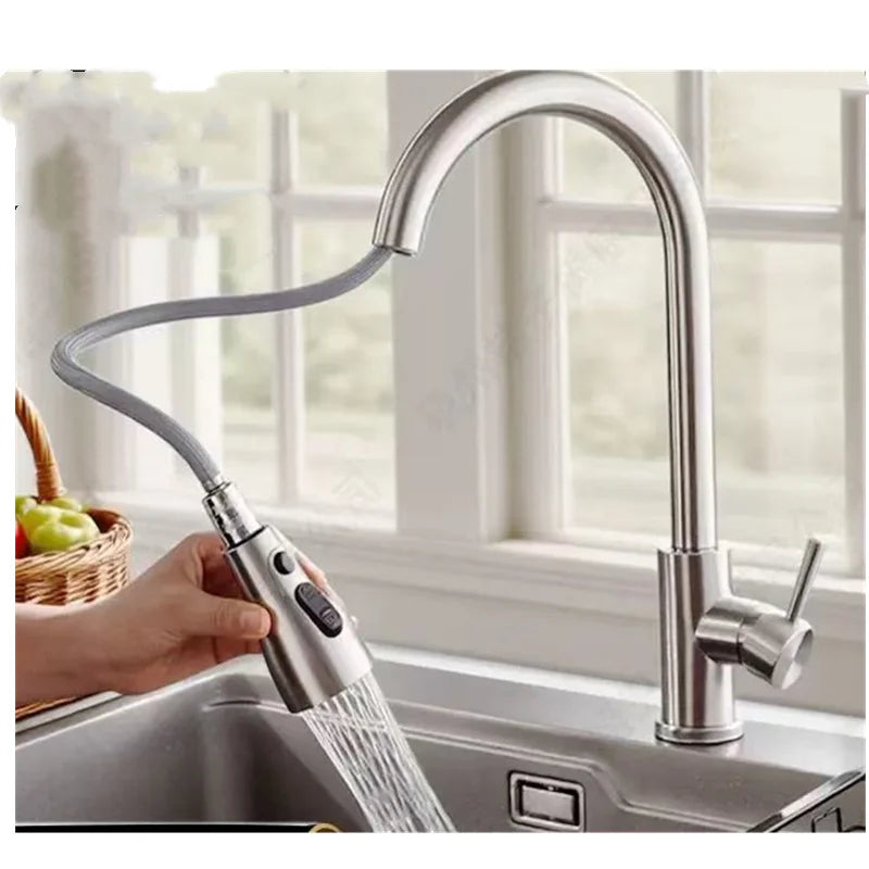 Stainless Steel Kitchen Faucet Single Hole Pull Out Spray 360° Swivel Sink Faucet High Arc Modern Design