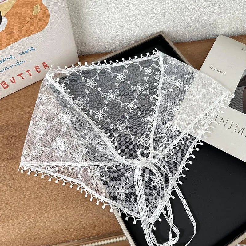 Women's Thin Style Lace Triangular Scarf Summer French Style Headscarf Headband Silk Scarf Retro Decoration Countryside Style