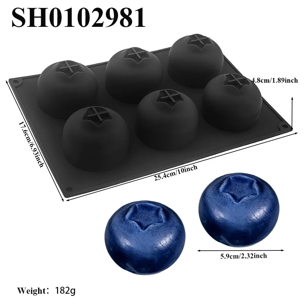 6 Cavity Blueberry Mousse Cake Mold Heat Resistant Flexible Fruit Shaped Dessert Mold Food Grade Silicone BPA Free
